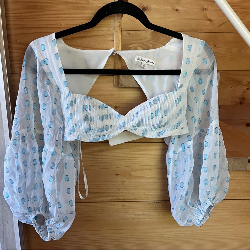 For Love & Lemons Blue Polka Dot Ruffle Sleeve Top